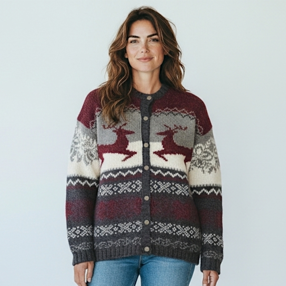 Christmas Cardigan Sweater Gray Chunky Nordic Fair Isle‎ Reindeer Sz M